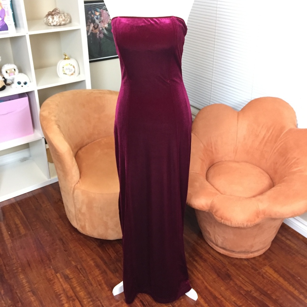 Red Velvet feel material long strapless dress